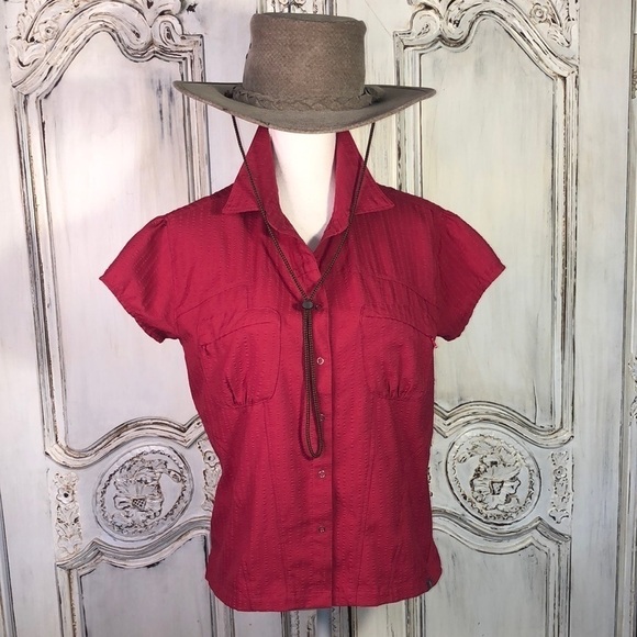 Eastern Mountain Sports Short Sleeve Snap Up Seersucker Gathered Cap Sleeve Top - Picture 1 of 13